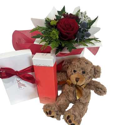 Valentines Rose, Chocolate, Ecoya & Teddy Gift