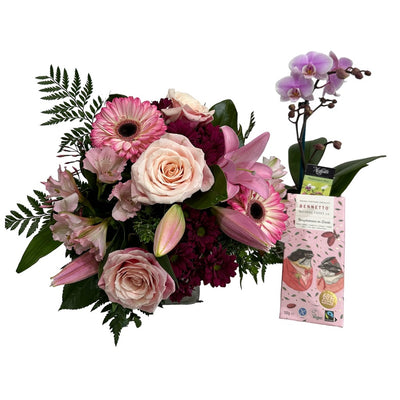 Perfect Pink Bouquet with Mini Orchid & Chocolate
